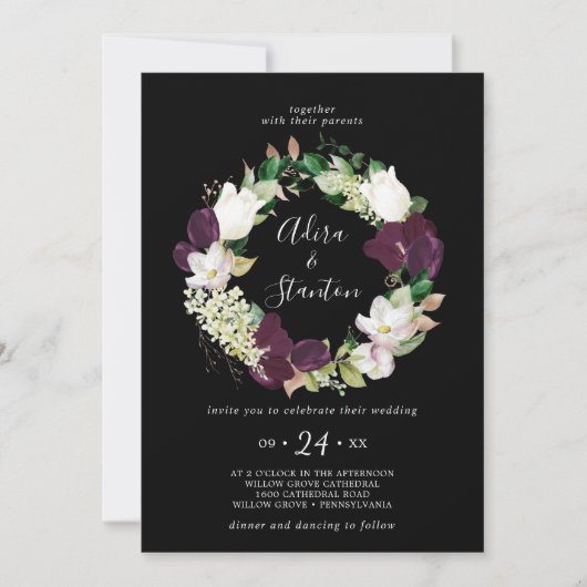 Moody Paarse Blooms | Zwarte Wreath Wedding Kaart (Voorkant)