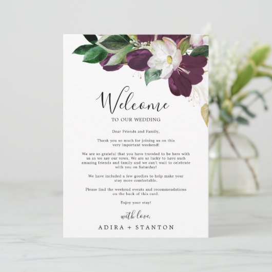 Moody Paarse bruiloft Welkomstbrief & reisroute (Staand voorkant)