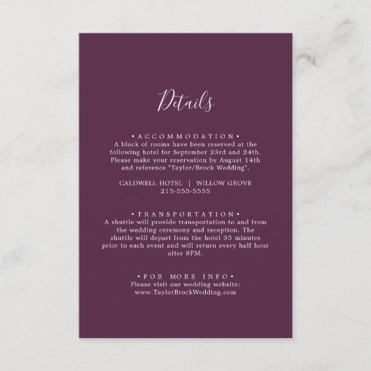 Moody Paarse Coördinaat Plum Bruiloft Details Informatiekaartje (Voorkant)