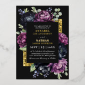 Moody Paarse en zwarte elegante bloemenbruiloft Folie Uitnodiging (Voorkant)