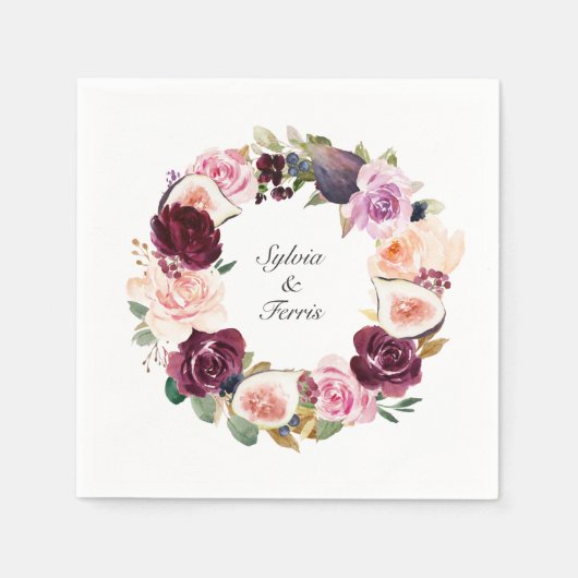 Moody Paarse Floral en Fig Wreath Names Wedding Servet (Voorkant)