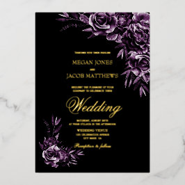 Moody Paarse Floral Gold Text Wedding Folie Uitnodiging