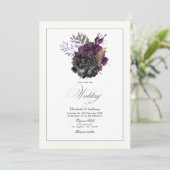 Moody Paarse, gouden en zwarte bloemen bruiloft Kaart (Staand voorkant)