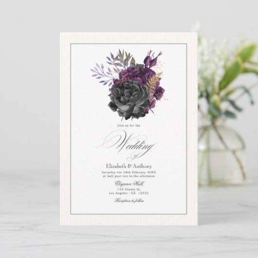 Moody Paarse, gouden en zwarte bloemen bruiloft Kaart (Staand voorkant)