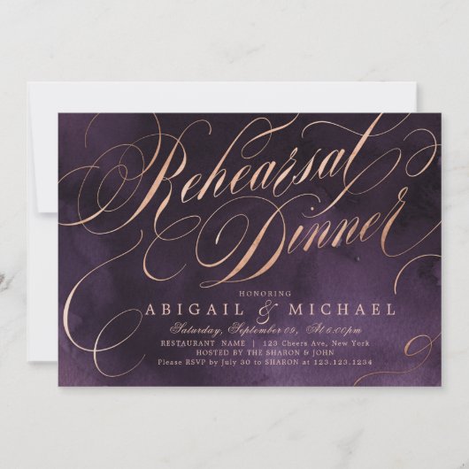 Moody paarse gouden kalligrafie repetitie diner kaart (Voorkant)