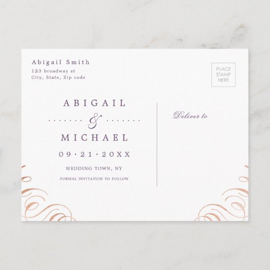 Moody paarse goudkalligrafie van het roos, behalve aankondigingskaart (Achterkant)