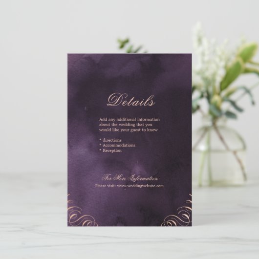 Moody paarse goudkalligrafie van roos informatiekaartje (Staand voorkant)