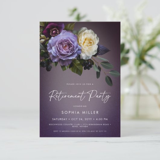 Moody Paarse & Lavendel Bloemen Retirement Party Kaart (Staand voorkant)