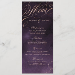 Moody paarse roos gouden kalligrafie bruiloft menu