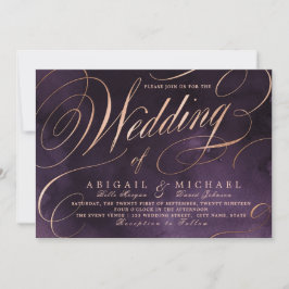 Moody paarse roos goudkalligrafie vintage bruiloft kaart