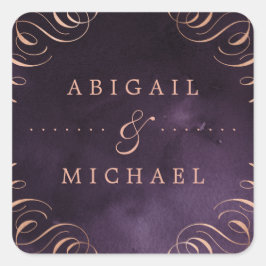 Moody paarse roos goudkalligrafie vintage bruiloft vierkante sticker