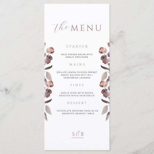 Moody Paarse Roos Trouwdiner Menu Kaart (Voorkant)