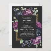 Moody Paarse Zwart Elegante Bloemen Wedding QR Cod Kaart (Voorkant)