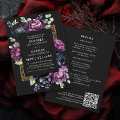 Moody Paarse Zwart Elegante Bloemen Wedding QR Cod Kaart