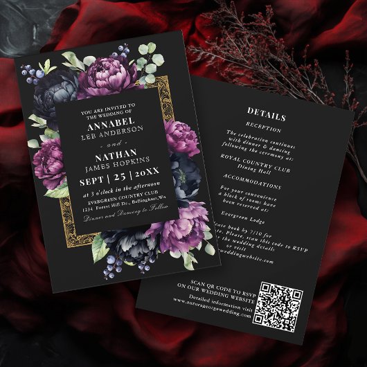 Moody Paarse Zwart Elegante Bloemen Wedding QR Cod Kaart