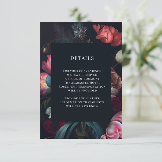 Moody Painterly Peony Floral Wedding Details Informatiekaartje (Staand voorkant)