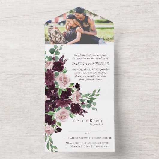 Moody Passions | Dramatische Paarse wijn Roos Foto All In One Uitnodiging (Binnen)