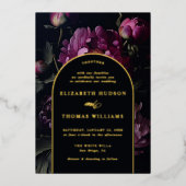 Moody Peony  Boho Gold Elegant Wedding Folie Uitnodiging (Voorkant)