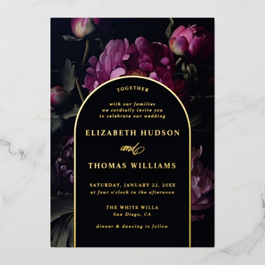 Moody Peony  Boho Gold Elegant Wedding Folie Uitnodiging (Voorkant)