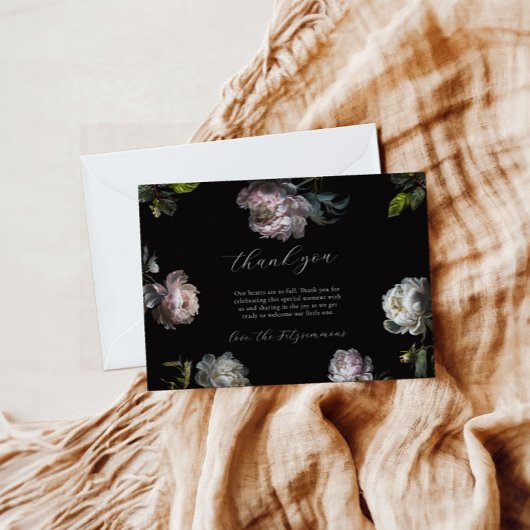 Moody Peony Dark Floral Baby Shower Bedankkaart