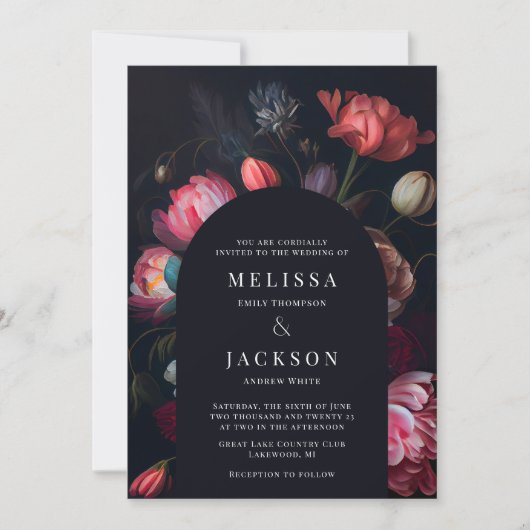 Moody Peony Floral Wedding Arch Invitation Kaart (Voorkant)