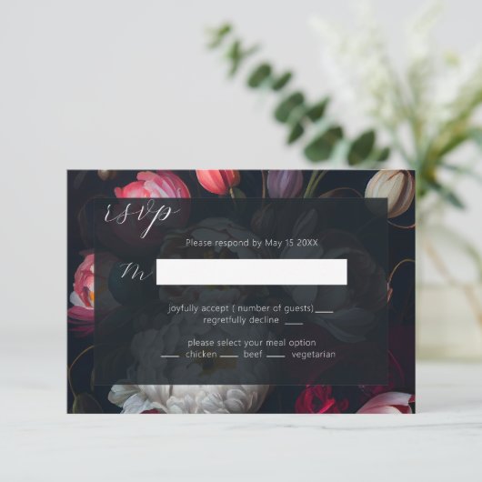 Moody Peony painterly Wedding Black RSVP-kaart RSVP Kaartje (Staand voorkant)