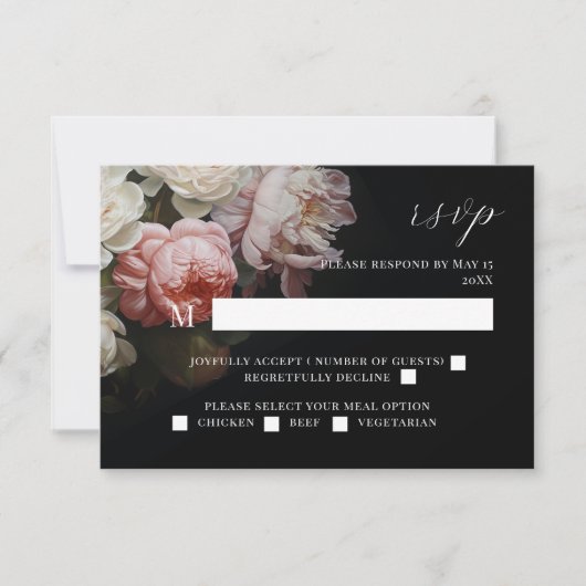 Moody Peony Roos Bloemenbruiloft Zwart RSVP-kaart RSVP Kaartje (Voorkant)