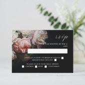 Moody Peony Roos Bloemenbruiloft Zwart RSVP-kaart RSVP Kaartje (Staand voorkant)