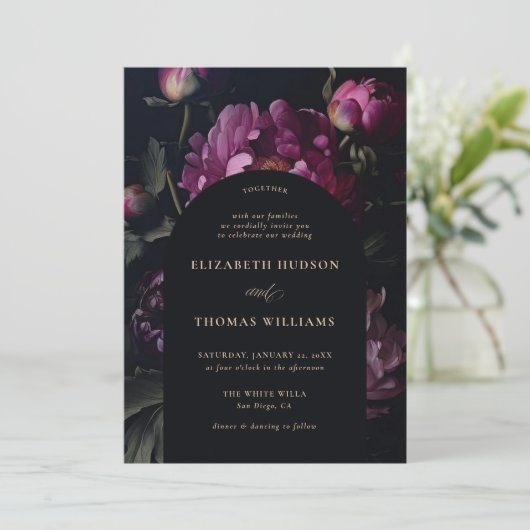 Moody Pink Peony  Boho Elegant Huwelijk Kaart (Staand voorkant)