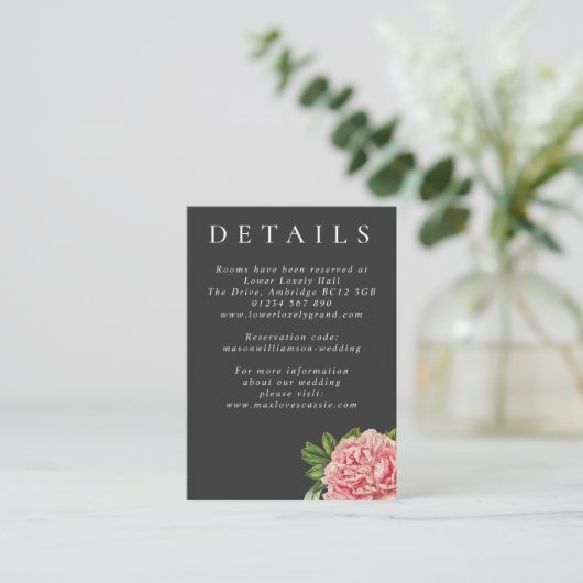 Moody Pink Peony Wedding Details Informatiekaartje (Staand voorkant)