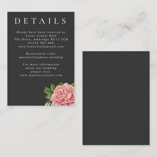 Moody  Pink Peony Wedding Details Informatiekaartje (Voorkant / Achterkant)