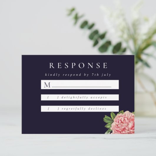 Moody  Pink Peony Wedding RSVP Kaartje (Staand voorkant)