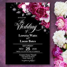 Moody Pink Rose Floral Black Wedding Kaart