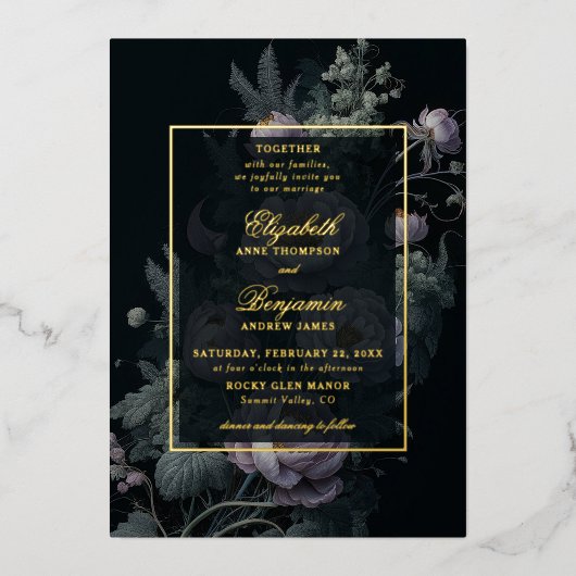 Moody  pioenroos Floral Elegant Gold Wedding Folie Uitnodiging (Voorkant)