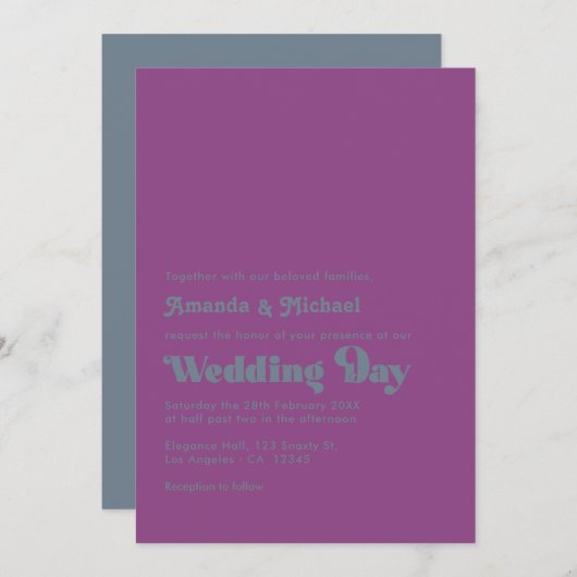 Moody Plum en Slate Retro Typografie Trouwen Kaart (Voorkant / Achterkant)