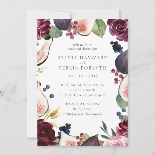 Moody Plum Floral en Fig Rehearsal Dinner Kaart (Voorkant)