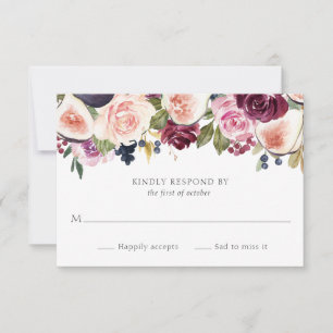 Moody Plum Floral en Fig Wedding RSVP Kaartje