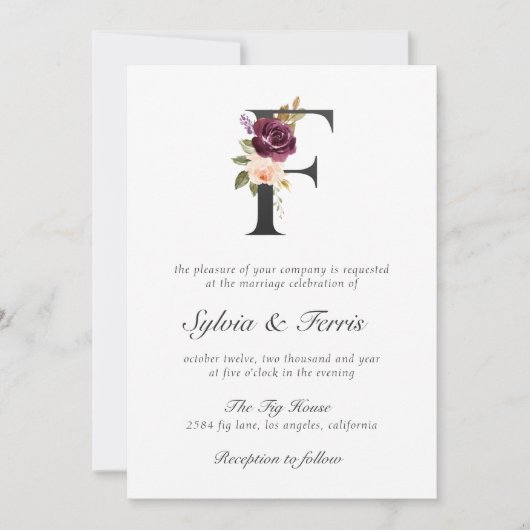 Moody Plum Floral Monogram Wedding Kaart (Voorkant)