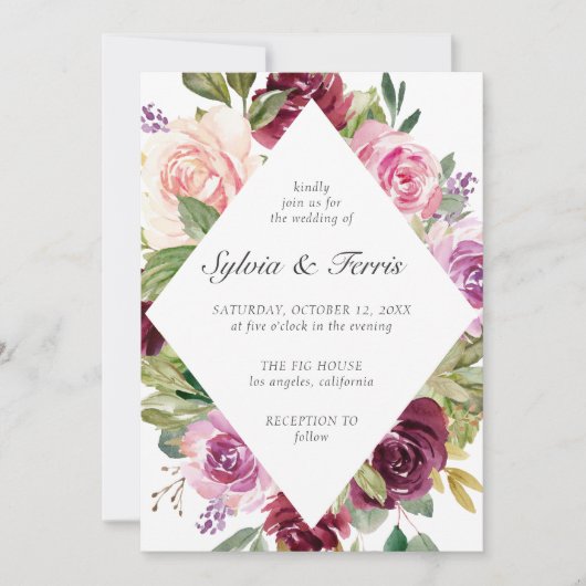 Moody Plum Geometric Floral Wedding Kaart (Voorkant)