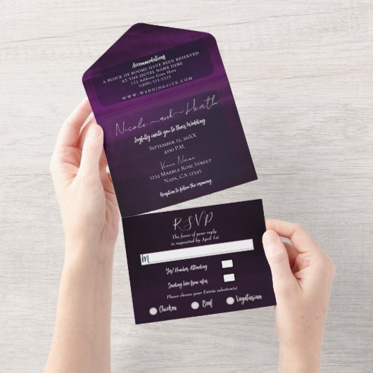 Moody Plum Paarse Modern Waterverf Wedding All In One Uitnodiging (Afscheurbaar)
