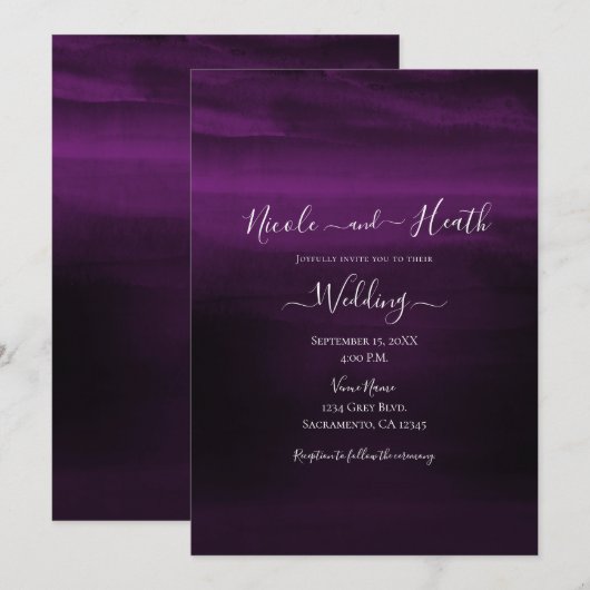 Moody Plum Paarse Modern Waterverf Wedding Kaart (Voorkant / Achterkant)