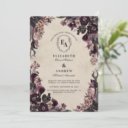 Moody Plum Roos bruiloft Kaart (Staand voorkant)