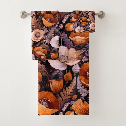 Moody poppies on black pattern bad handdoek (Insitu)