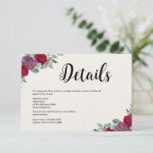 Moody Red and Plum Purple Floral Wedding Informatiekaartje (Staand voorkant)