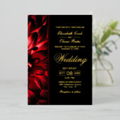 Moody Red Dahlia Floral Gold Text Wedding Folie Uitnodiging (Staand Voorkant)