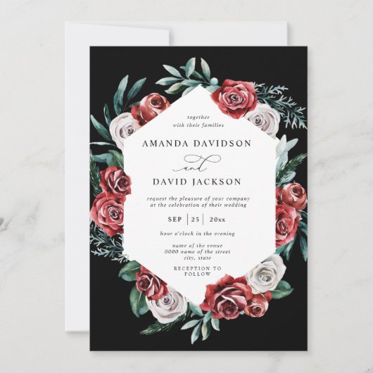 Moody Red Floral Greenery Elegant Wedding Kaart (Voorkant)