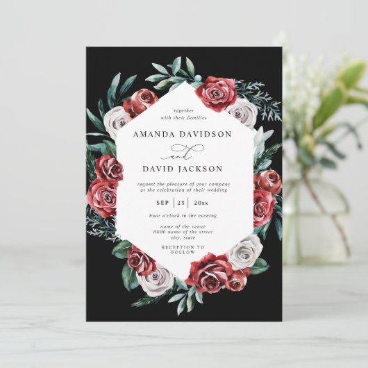Moody Red Floral Greenery Elegant Wedding Kaart (Staand voorkant)
