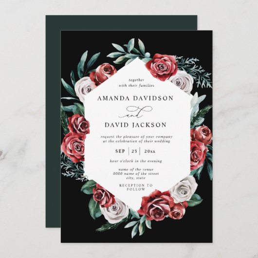 Moody Red Floral Greenery Elegant Wedding Kaart (Voorkant / Achterkant)