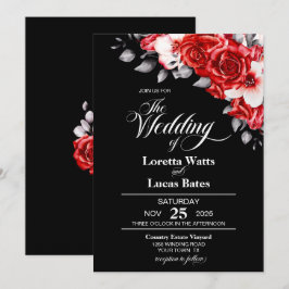 Moody Red Rose Floral Black Wedding Kaart
