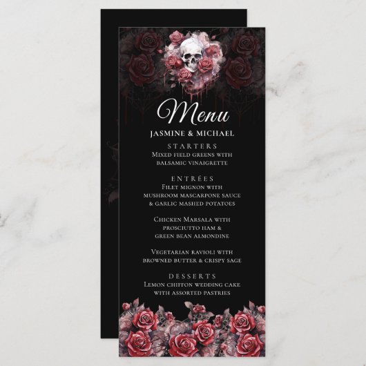 Moody Rode Bloemen Schedel Elegant Gotische Bruilo Menu (Voorkant / Achterkant)